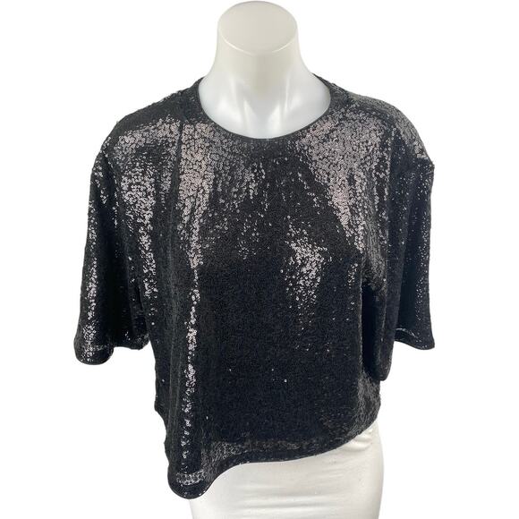 H&M Women's Black Sequin Embellished Crewneck Short Sleeve Crop Blouse Top Sz L - Picture 1 of 4